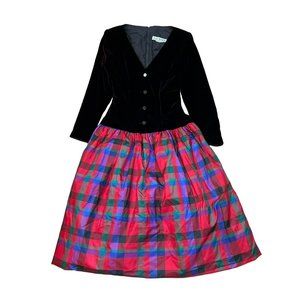 Vintage AJ Bari Womens Velvet Taffeta 1980s Holiday Dress Size 6 Red Plaid Class